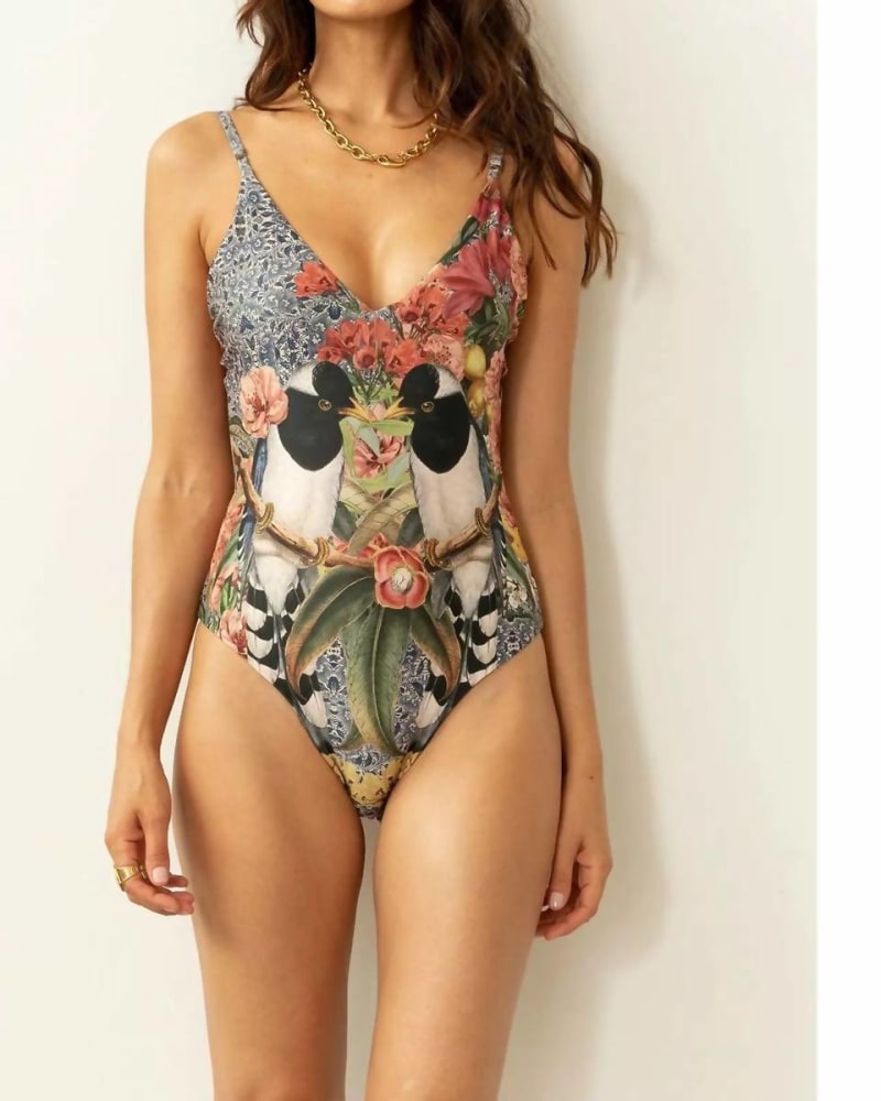 Front of a model wearing a size L Marieta Reversible One Piece Swimsuit in Selva Birds in Selva Birds by CAROLINA K. | dia_product_style_image_id:345618